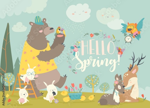 Cute animals meeting spring in the forest