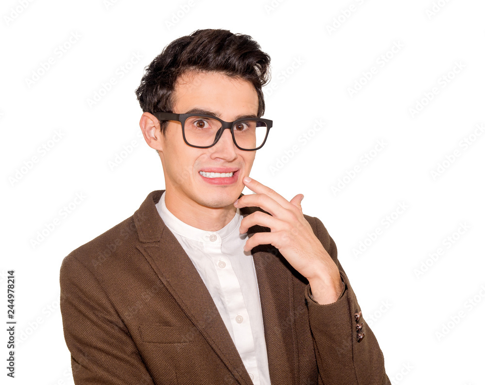 Portrait of young man having terrible pain in his teeth. Isolated on white background in studio Portrait of young man having terrible pain in his teeth. Isolated on white background in studio