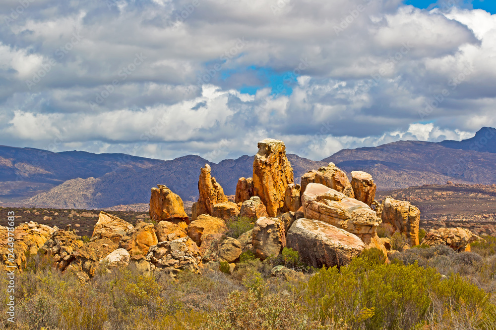 Landscape of reddish rocks, mountains, and sky