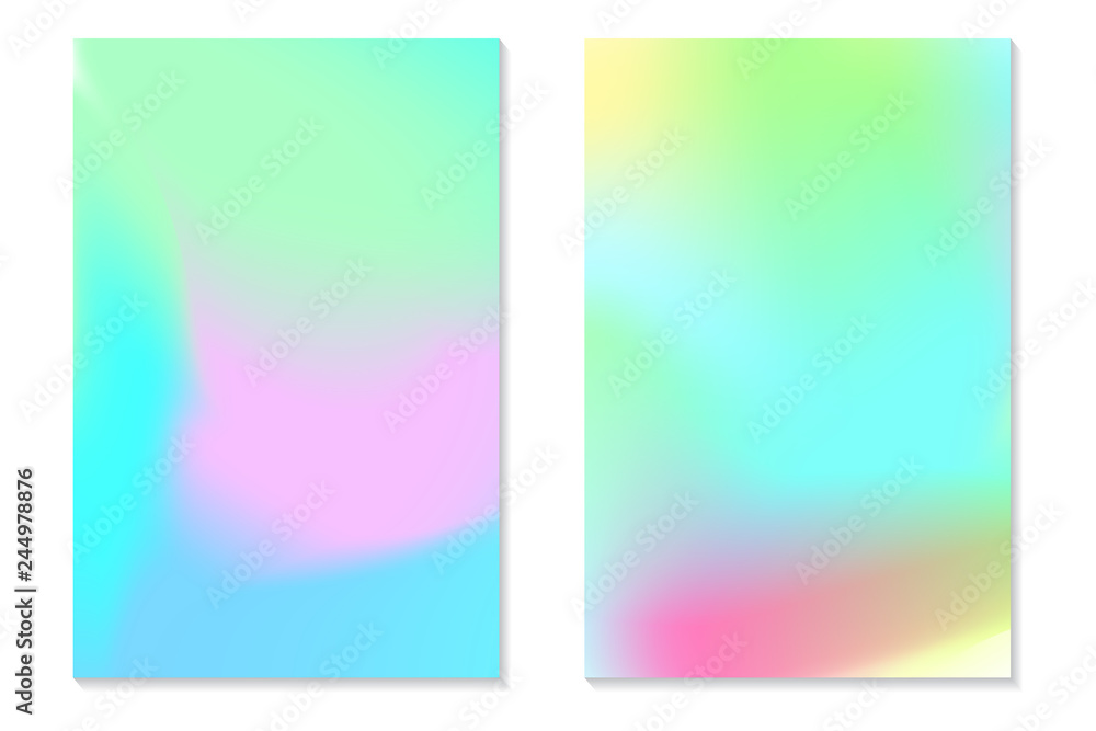 Gradient Hologram Backgrounds. Set of colorful holographic posters in retro style. Vibrant neon pastel texture. Vector gradient template for flyer, banner, mobile screen.