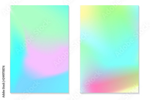 Gradient Hologram Backgrounds. Set of colorful holographic posters in retro style. Vibrant neon pastel texture. Vector gradient template for flyer, banner, mobile screen.