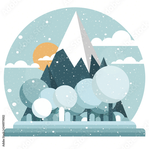 Flat style winter landscape. Cute cartoon mountains, sky and sun. Trees with round crowns in the foreground. Light blue and white colors.