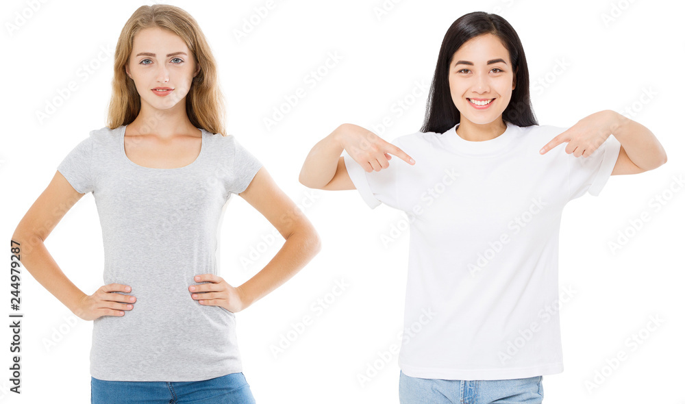 Women asian and caucasian in blank template t shirt isolated on white background. Girlsl in tshirts with copy space and mock up for advertising. White and gray shirts. Front view Women asian and caucasian in blank template t shirt isolated on white background. Girlsl in tshirts with copy space and mock up for advertising. White and gray shirts. Front view