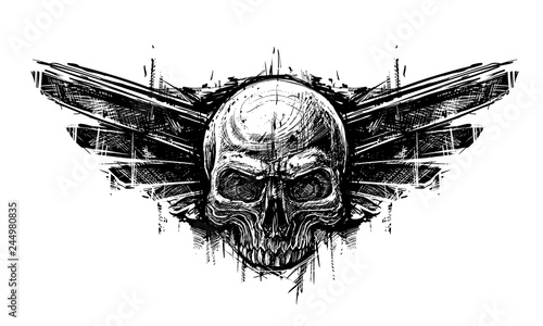Detailed graphic hand drawn realistic black and white human skull with wings. Trash polka style. On white background. Vector icon.