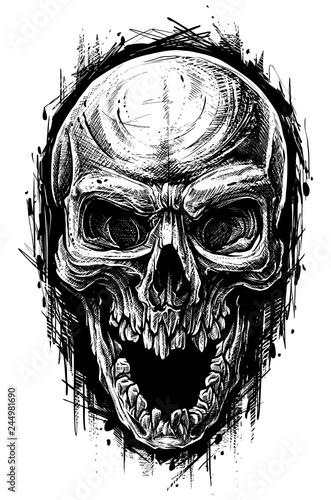 Detailed graphic hand drawn realistic black and white angry human skull with open jaw. Trash polka style. On white background. Vector icon.