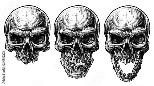 Detailed graphic hand drawn realistic black and white angry human skull with open jaw and broken teeth. Trash polka style. On white background. Vector icon set.