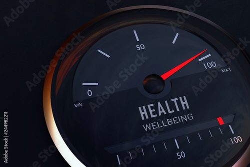 Concept for the commonality between health and wellbeing. Speedometer symbolically displays the maximum on a scale. 