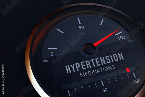 Health. Concept for the commonality between hypertension and medications. Speedometer symbolically displays the maximum on a scale. 