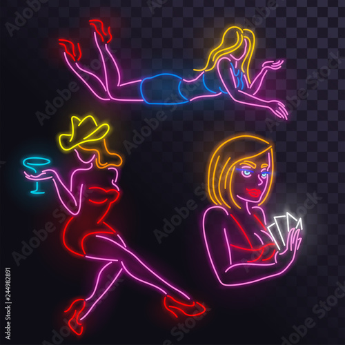 Set of neon girls on a transparent background, casino, strip club, night club, bar