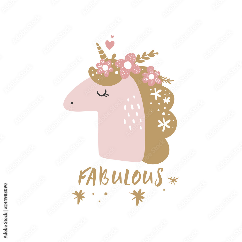 Fototapeta premium Cute hand drawn girl unicorn pastel nursery art