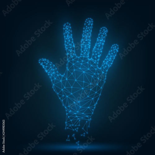 Wireframe luminous human palm, give five, hand, technology