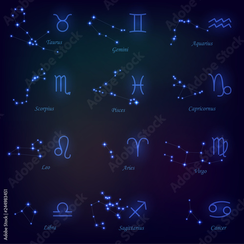 A set of zodiac constellation and signs on a dark background, starry sky, horoscope, astrology, esotericism, prediction of the future.