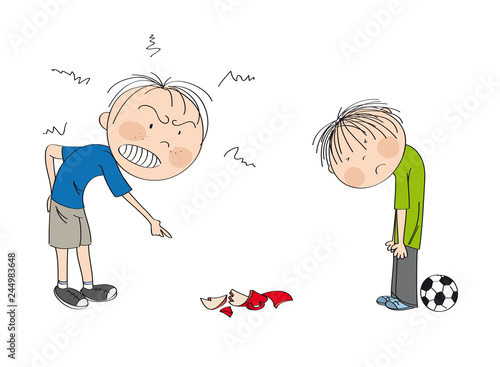 Father angry with his son, pointing his finger at broken cup on the floor smashed by football, boy is looking sad, waiting to be punished - original hand drawn illustration