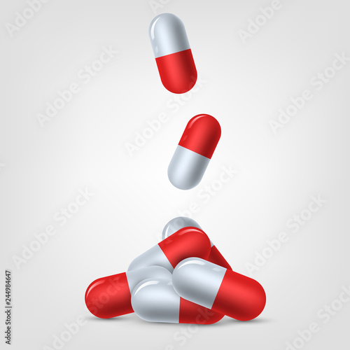 Falling red pills, medicine, drug, treatment