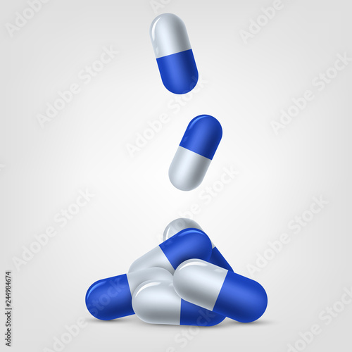 Falling blue pills, medicine, drug, treatment