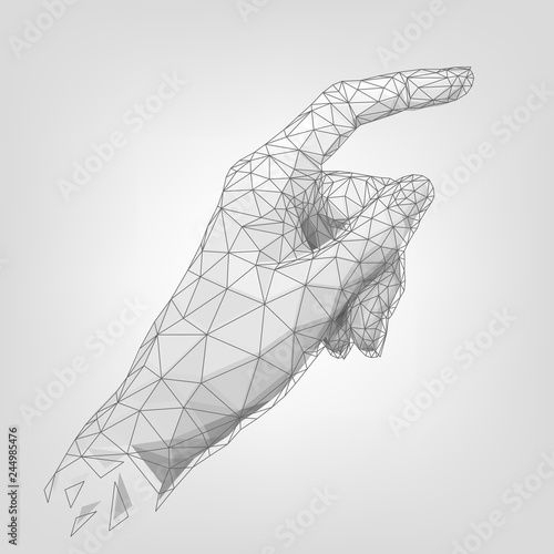 Structure polygonal human hand, index finger, wireframe robot palm