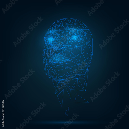 Human face, triangular glowing grid, technology