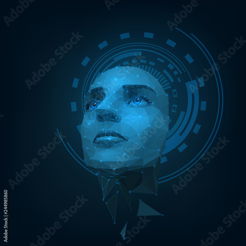 Polygonal human face with a luminous eye, artificial intelligence, robot