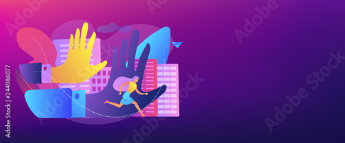 Big male hands pursuing and harrased female victim running away. Sexual harassment, sexulal bullying, abnormal labour relationship concept. Header or footer banner template with copy space.