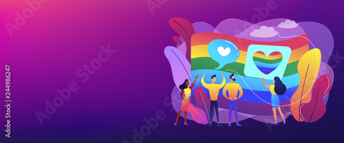 Rainbow coloured flag and LGBT community demonstration with hearts. Sexuality and gender identity, sexual orientation, LGBT movement concept. Header or footer banner template with copy space.