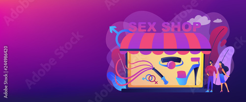 Couple shopping in adult shop with sexual entrtainment toys and accessories. Sex shop, online sex store, adult erotic products concept. Header or footer banner template with copy space.
