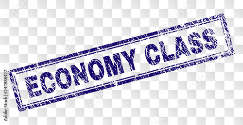 ECONOMY CLASS stamp seal print with scratched style and double framed rectangle shape. Stamp is placed on a transparent background. Blue vector rubber print of ECONOMY CLASS title with dust texture.