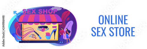 Couple shopping in adult shop with sexual entrtainment toys and accessories. Sex shop, online sex store, adult erotic products concept. Header or footer banner template with copy space.