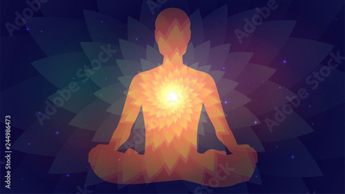 Silhouette of human sitting in the lotus position on fractal background. Meditation, yoga, trans photo