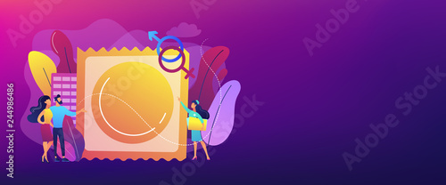 Couple prevent sexually transmitted infections with condom. Sexually transmitted diseases, safer sexual behavior, sexual infection treatment concept. Header or footer banner template with copy space.