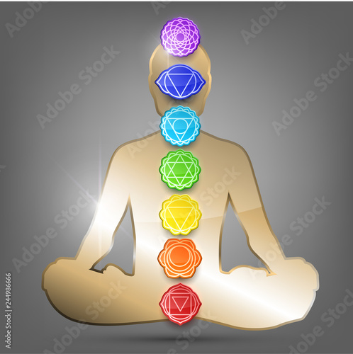 Gold silhouette of human sitting in the lotus position. Meditation, yoga, trans. Seven Chakras