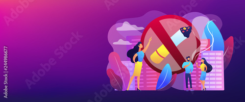 Business woman pointing at no smoking sign and people with cigarettes. Smoking cigarettes, nicotine addiction, smoking health risks concept. Header or footer banner template with copy space.