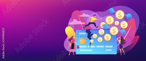 Businessman running on credit card and dollar coins with wings flying away. Overspending, financial stress cause, spend beyond the income concept. Header or footer banner template with copy space.