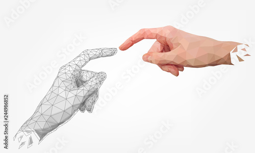 Low polygonal hands, human and robot arms, partnership of people and robots, computer graphics