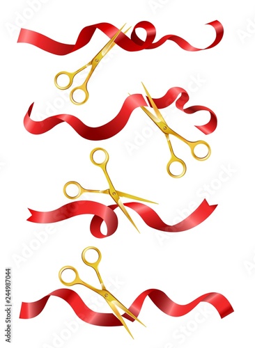 Scissors cutting red ribbon symbol for opening ceremony event.