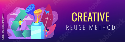 Business people reuse milk carton as vase creatively and upcycling symbol. Upcycling, creative reuse method, ecology recycling trend concept. Header or footer banner template with copy space.