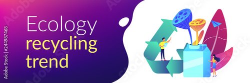 Business people reuse milk carton as vase creatively and upcycling symbol. Upcycling, creative reuse method, ecology recycling trend concept. Header or footer banner template with copy space.