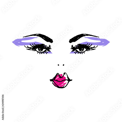 Eyes, yelashes and lips logo. Stylized hand drawn art photo