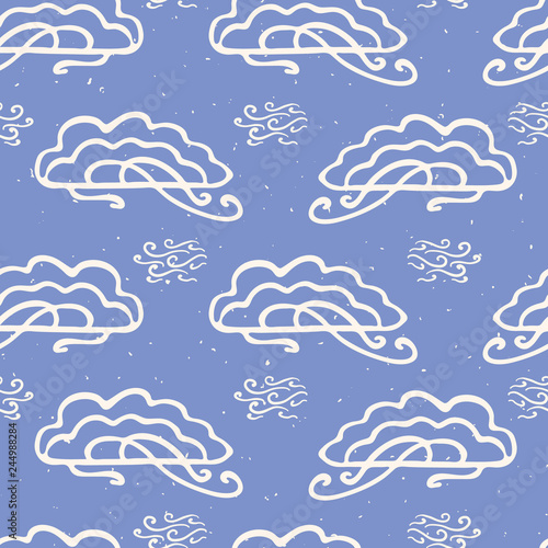 Hand drawn vector cloud illustration. Seamless repeating pattern of white fluffy wind lineart on cloudy blue background. Sketchy creative lineart for cloudy wallpaper, kids fashion and weather art.