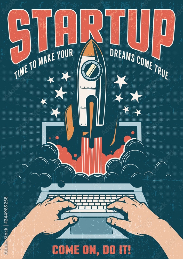 A rocket taking off from a laptop. Vintage retro poster with a dark background. Startup concept. Vector illustration. Worn texture on separate layer.