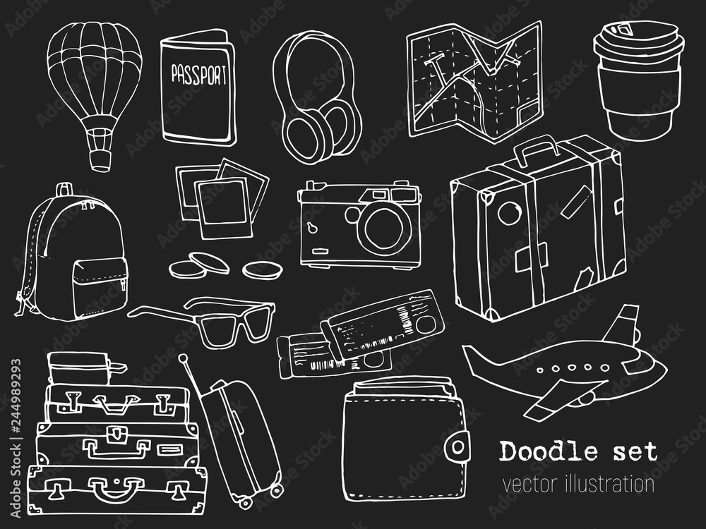 Set of hand drawn travel doodle. Vector illustration. Vacation or Time to Travel concept. Tourism and trip sketch with cartoon elements. Map, suitcase, airplane, camera, passport, tickets, smartphone Set of hand drawn travel doodle. Vector illustration. Vacation or Time to Travel concept. Tourism and trip sketch with cartoon elements. Map, suitcase, airplane, camera, passport, tickets, smartphone