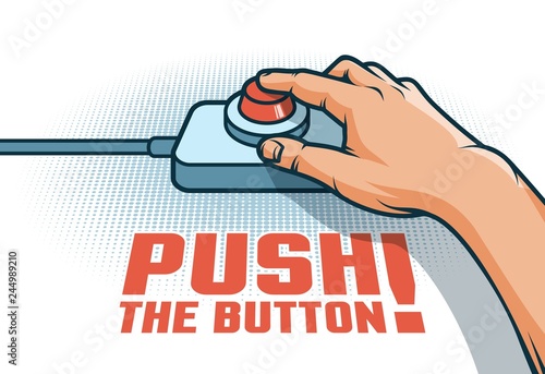 Hand push the red button with  finger - retro pop art illustration in comic style.