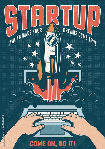 A rocket taking off from a laptop. Vintage retro poster with a dark background. Startup concept. Vector illustration. Worn texture on separate layer.