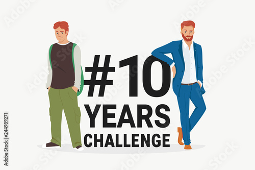 Hashtag 10 years challenge concept flat vector illustration of young men standing near letters comparing the appearance and lifestyle before and after ten years