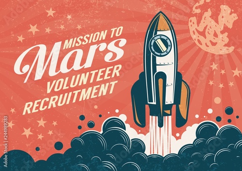 Fototapeta Mission to Mars - poster in retro vintage style with rocket taking off