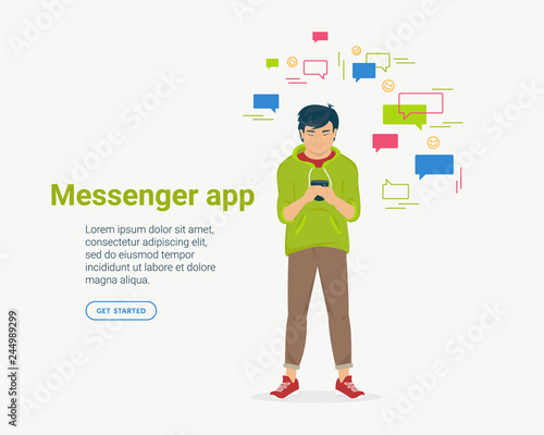 A new messenger app concept flat vector illustration of young man using mobile smartphone for texting in social networks messenger or dating app. Smiling guy standing with speech bubbles around