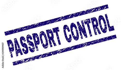PASSPORT CONTROL seal print with distress style. Blue vector rubber print of PASSPORT CONTROL text with retro texture. Text title is placed between parallel lines.