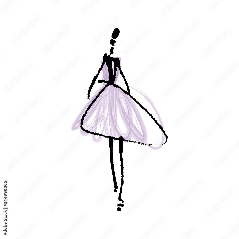 Fashion model hand drawn sketch, stylized ink silhouette Fashion model hand drawn sketch, stylized ink silhouette