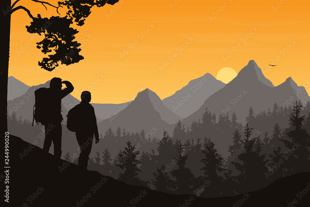 Realistic illustration of mountain landscape with forest and two tourists, man and woman. Morning orange sky with rising sun, clouds and flying bird, vector