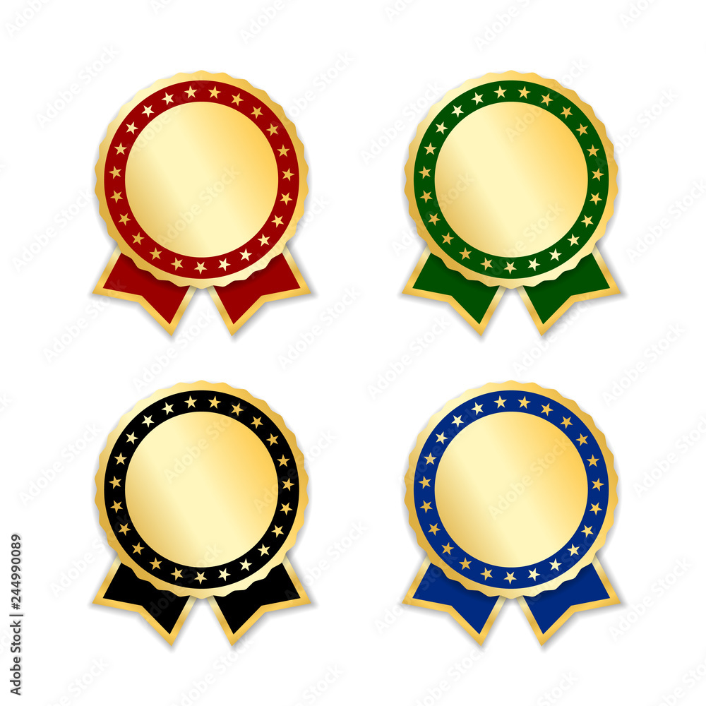 Award ribbons isolated set. Gold design medal, label, badge, certificate. Symbol best sale, price, quality, guarantee or success, achievement. Golden ribbon award decoration. Vector illustration Award ribbons isolated set. Gold design medal, label, badge, certificate. Symbol best sale, price, quality, guarantee or success, achievement. Golden ribbon award decoration. Vector illustration
