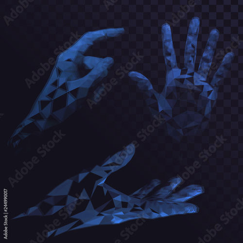 Set of blue glowing low poly arms, gesture, hends on transperent background